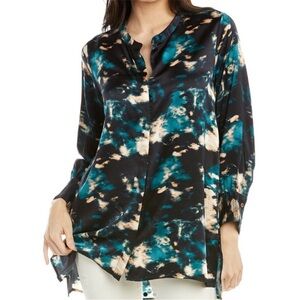 Johnny Was Workshop Shadow Voyager Silk Tunic Blouse Shirt Long Sleeve Small